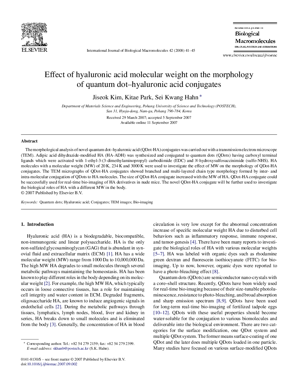 Effect of hyaluronic acid molecular weight on the morphology of quantum dot–hyaluronic acid conjugates