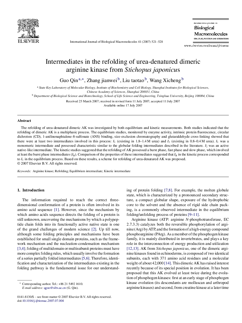 Intermediates in the refolding of urea-denatured dimeric arginine kinase from Stichopus japonicus