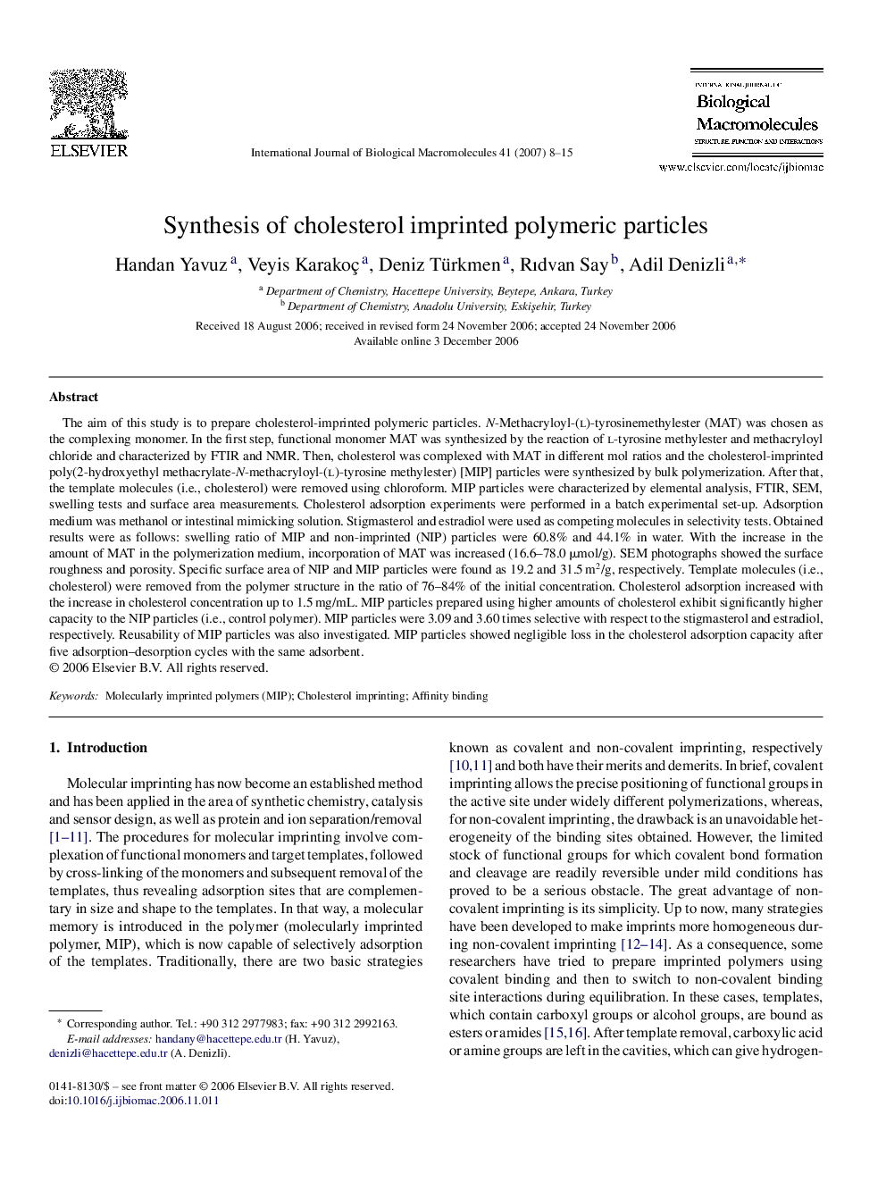 Synthesis of cholesterol imprinted polymeric particles