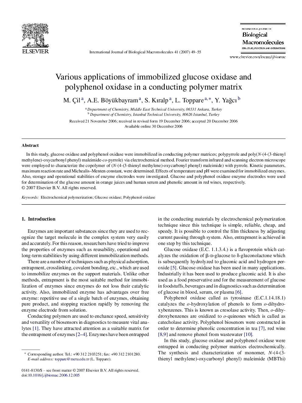 Various applications of immobilized glucose oxidase and polyphenol oxidase in a conducting polymer matrix