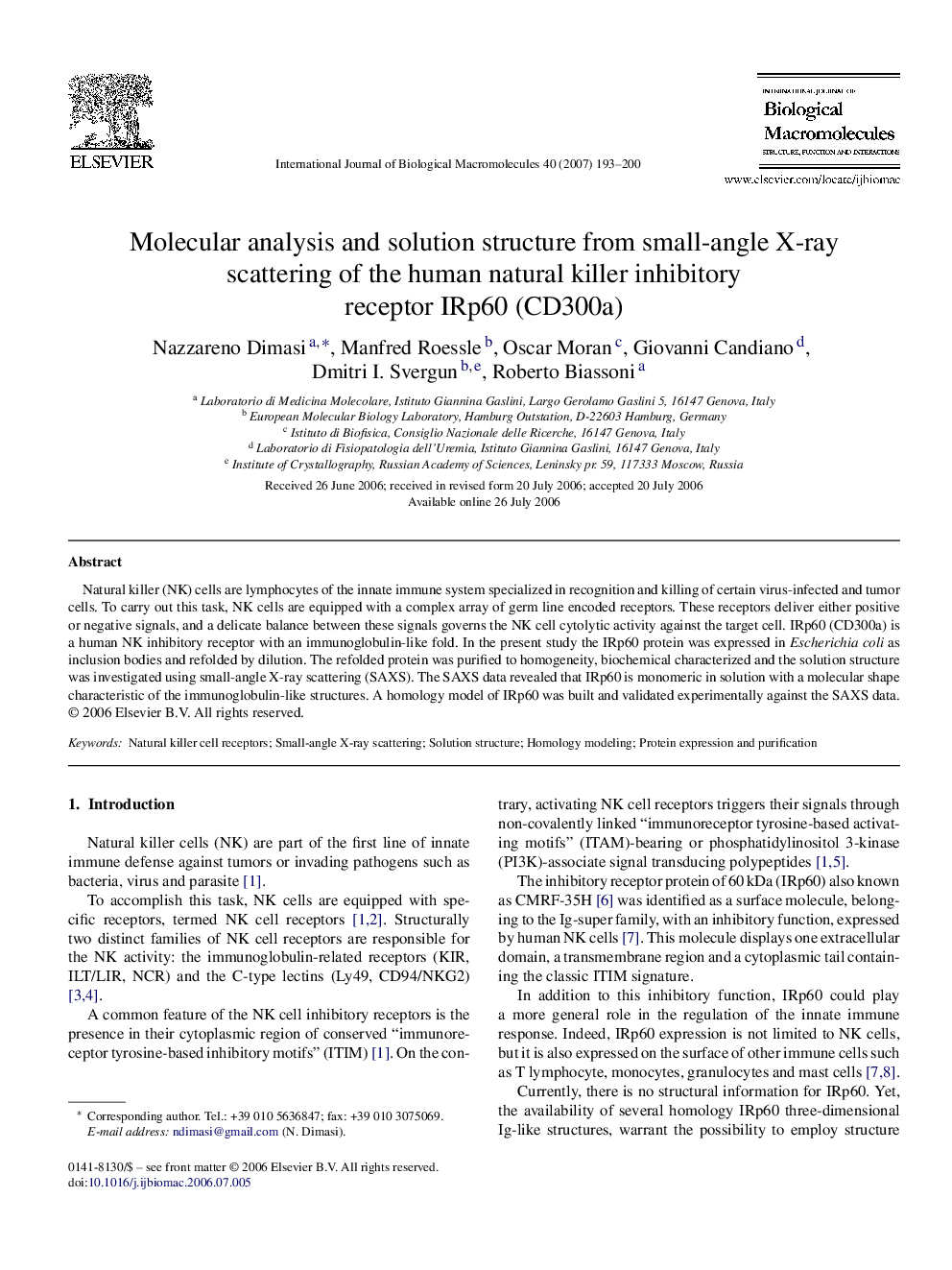 Molecular analysis and solution structure from small-angle X-ray scattering of the human natural killer inhibitory receptor IRp60 (CD300a)