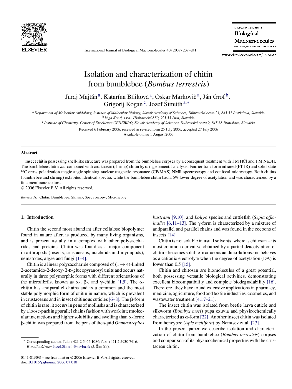 Isolation and characterization of chitin from bumblebee (Bombus terrestris)