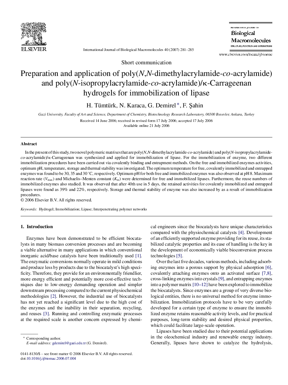 Preparation and application of poly(N,N-dimethylacrylamide-co-acrylamide) and poly(N-isopropylacrylamide-co-acrylamide)/κ-Carrageenan hydrogels for immobilization of lipase