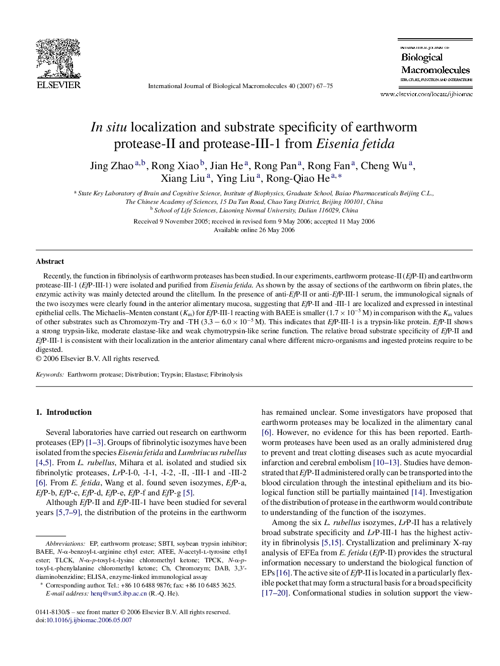 In situ localization and substrate specificity of earthworm protease-II and protease-III-1 from Eisenia fetida