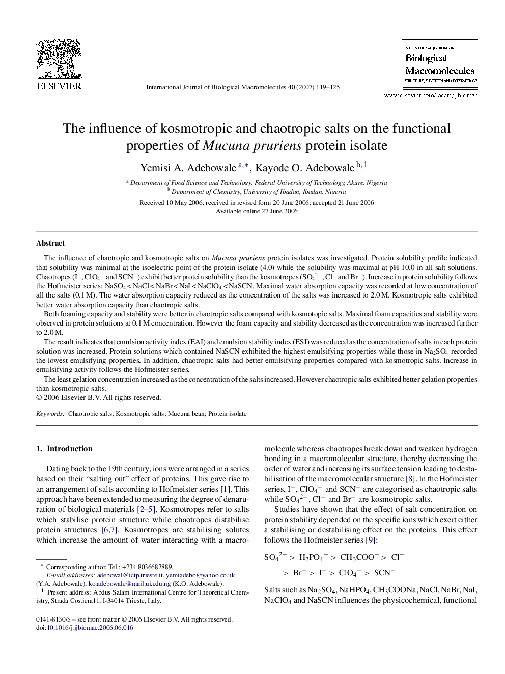 The influence of kosmotropic and chaotropic salts on the functional properties of Mucuna pruriens protein isolate