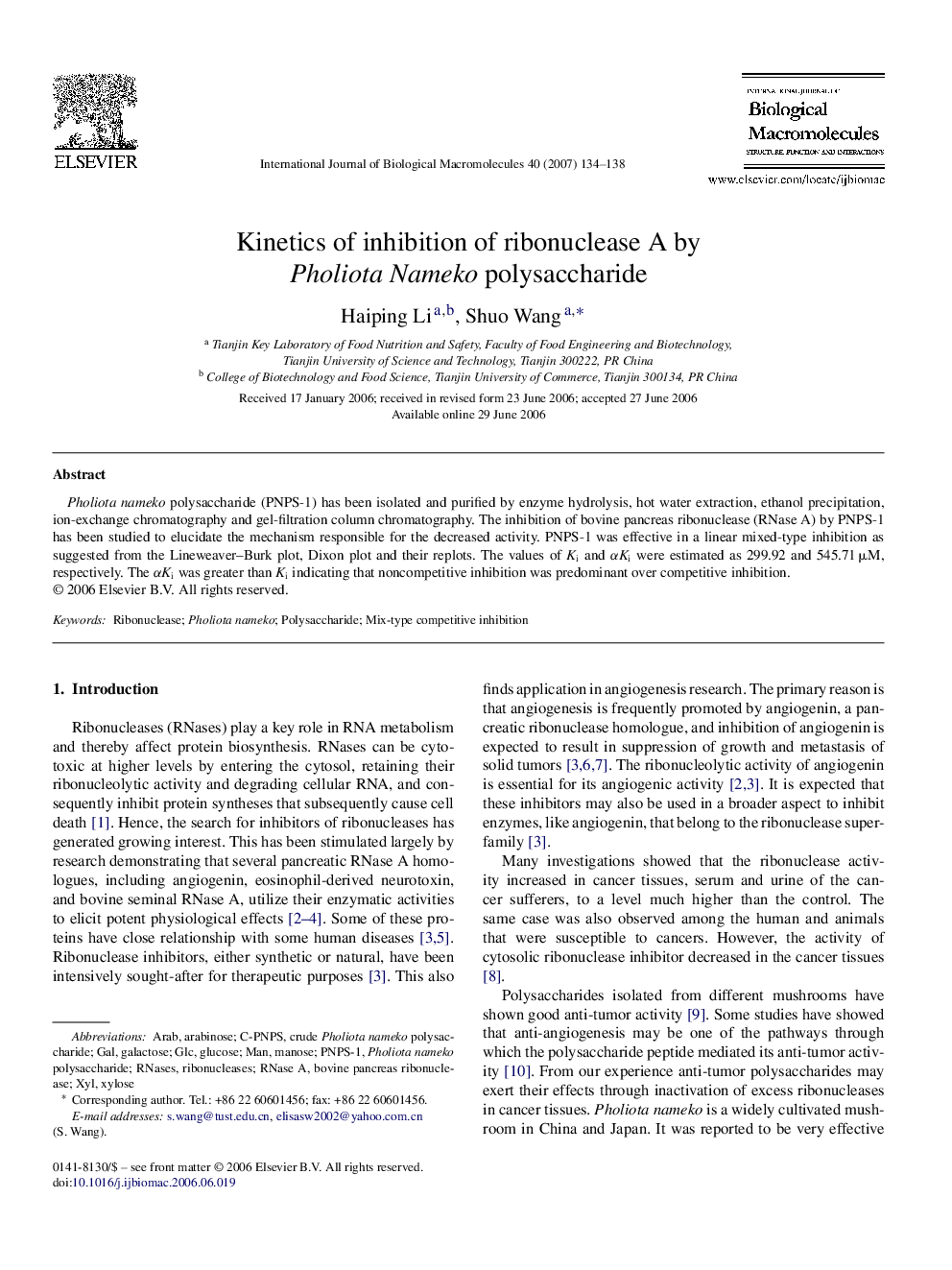 Kinetics of inhibition of ribonuclease A by Pholiota Nameko polysaccharide