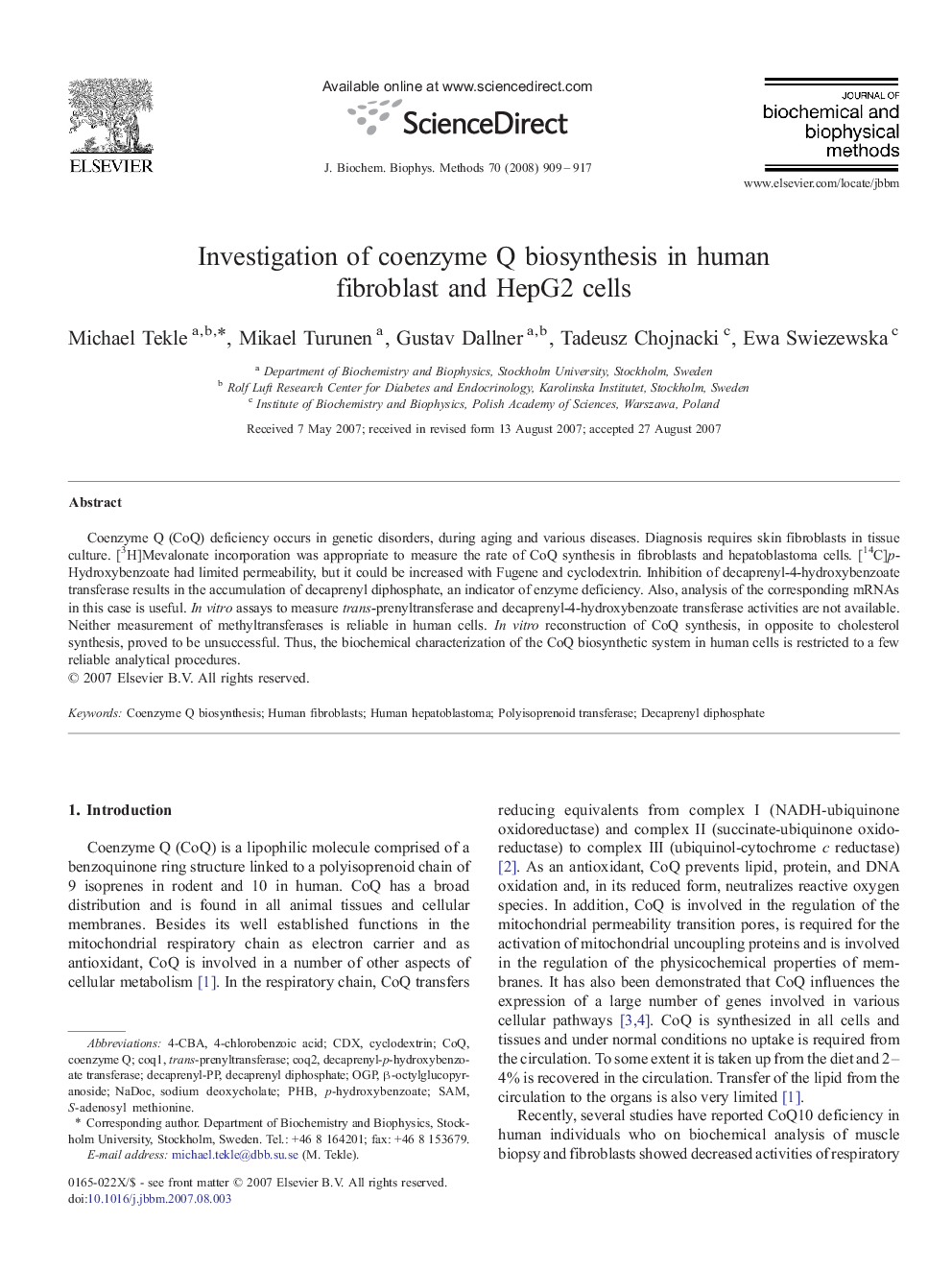 Investigation of coenzyme Q biosynthesis in human fibroblast and HepG2 cells