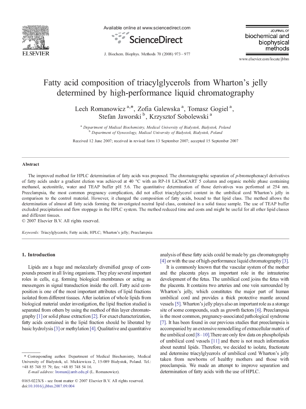 Fatty acid composition of triacylglycerols from Wharton's jelly determined by high-performance liquid chromatography