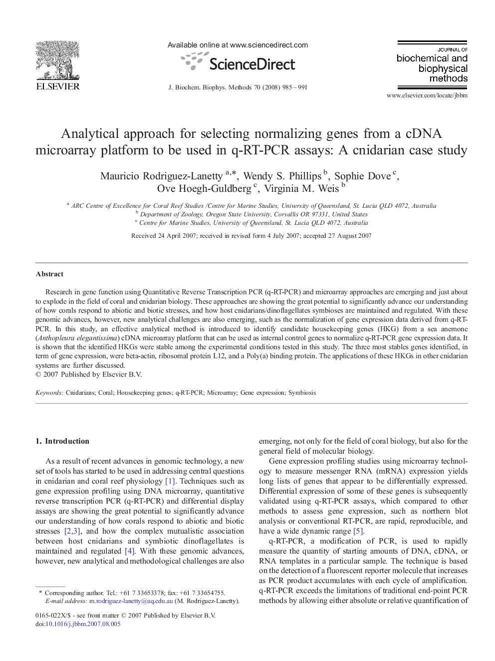 Analytical approach for selecting normalizing genes from a cDNA microarray platform to be used in q-RT-PCR assays: A cnidarian case study