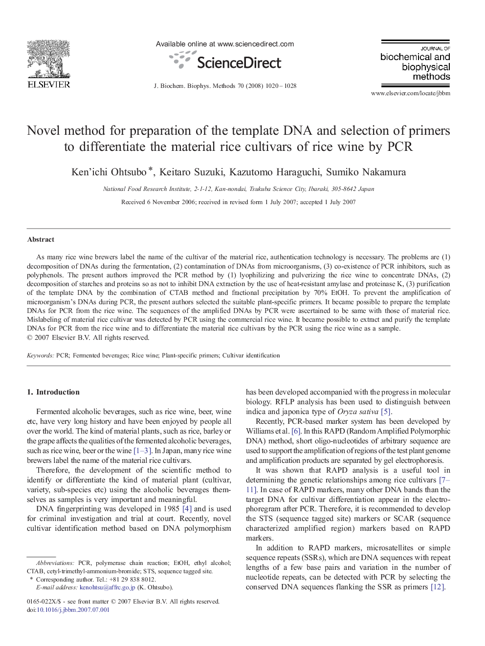 Novel method for preparation of the template DNA and selection of primers to differentiate the material rice cultivars of rice wine by PCR