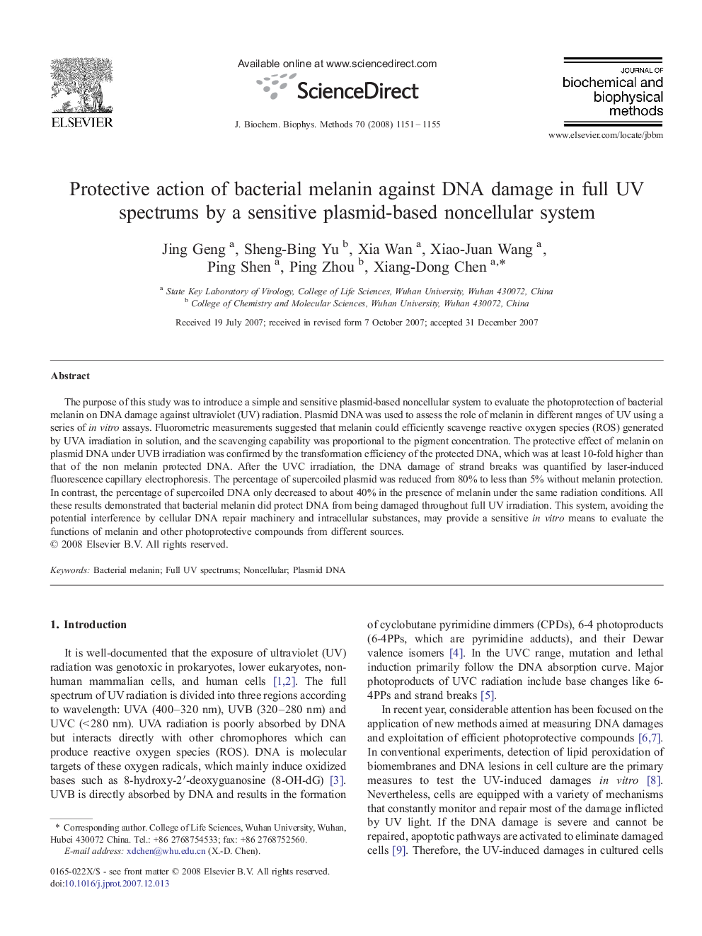 Protective action of bacterial melanin against DNA damage in full UV spectrums by a sensitive plasmid-based noncellular system