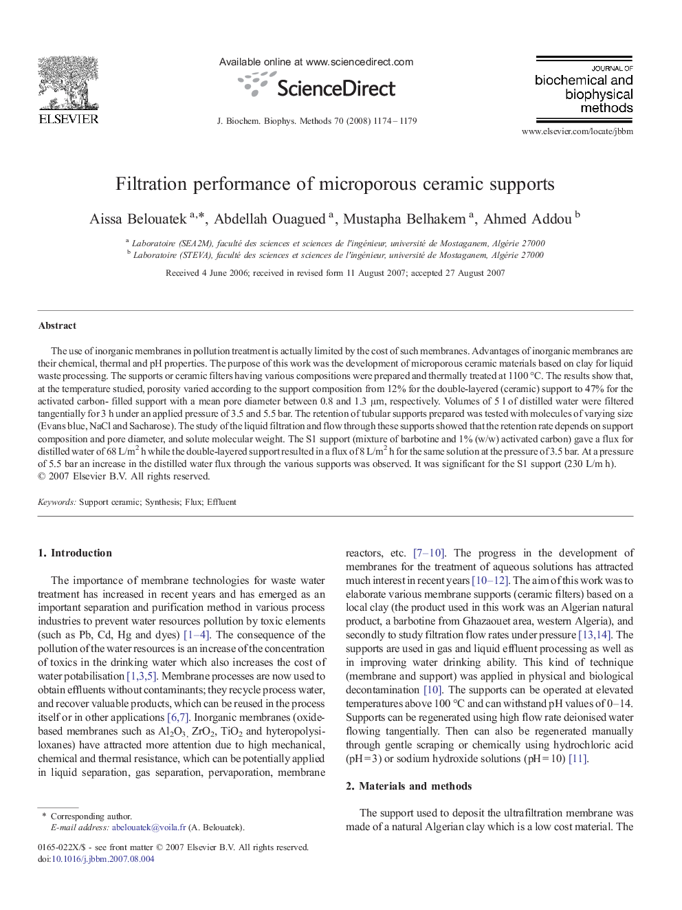 Filtration performance of microporous ceramic supports