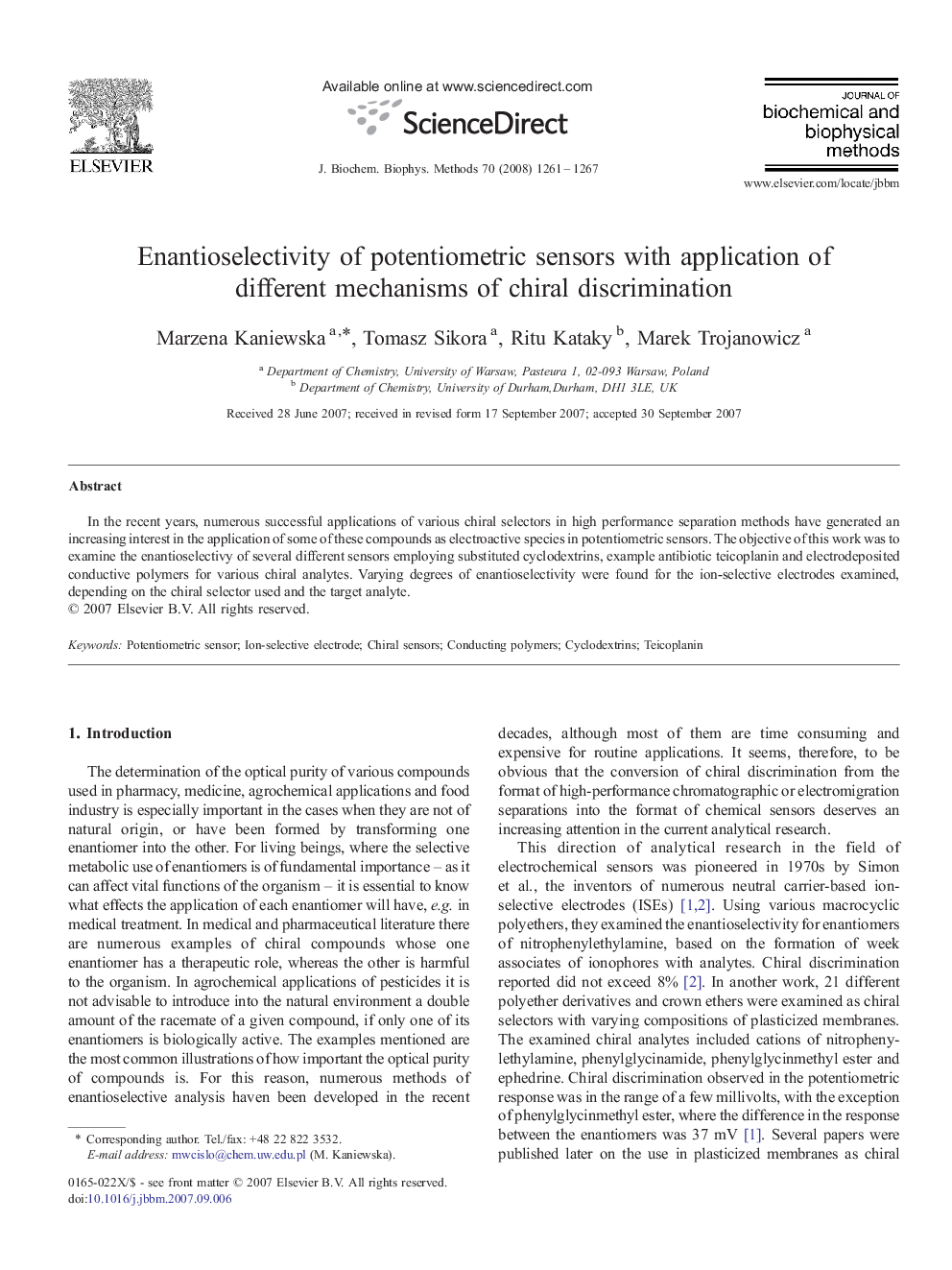 Enantioselectivity of potentiometric sensors with application of different mechanisms of chiral discrimination