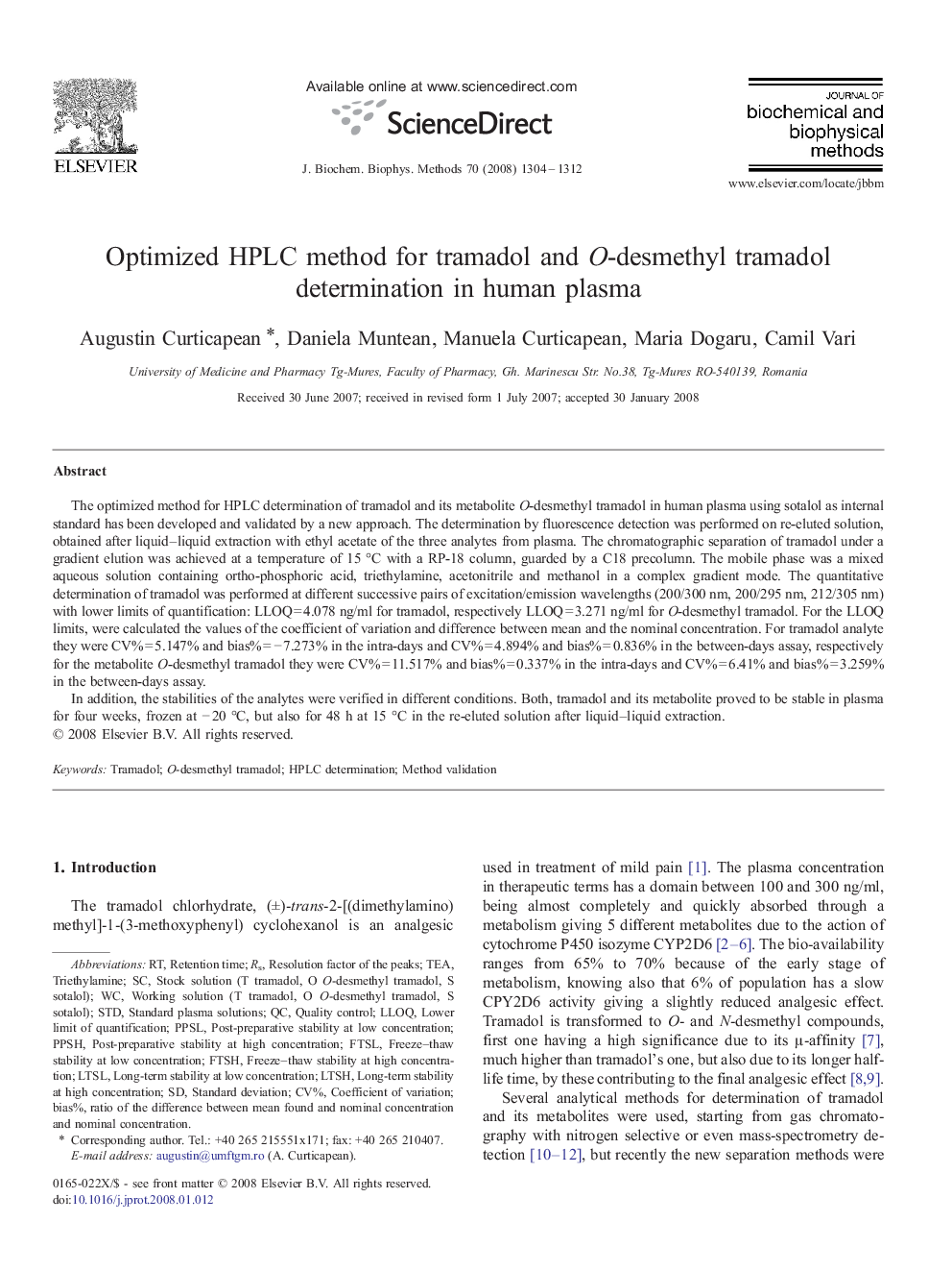 Optimized HPLC method for tramadol and O-desmethyl tramadol determination in human plasma