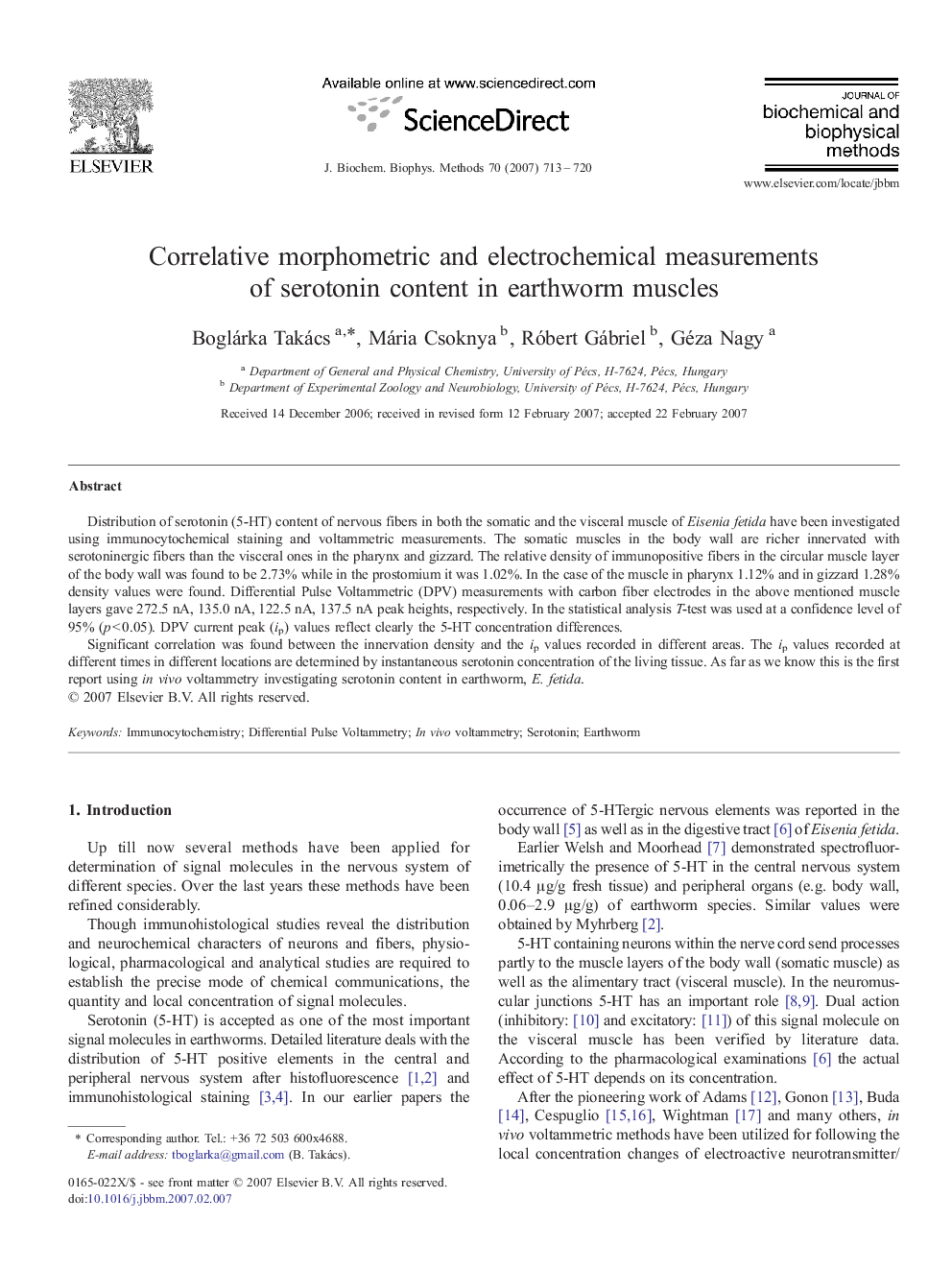 Correlative morphometric and electrochemical measurements of serotonin content in earthworm muscles