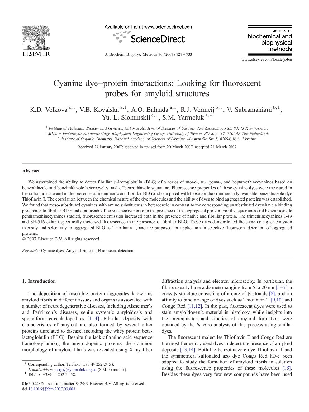 Cyanine dye-protein interactions: Looking for fluorescent probes for amyloid structures