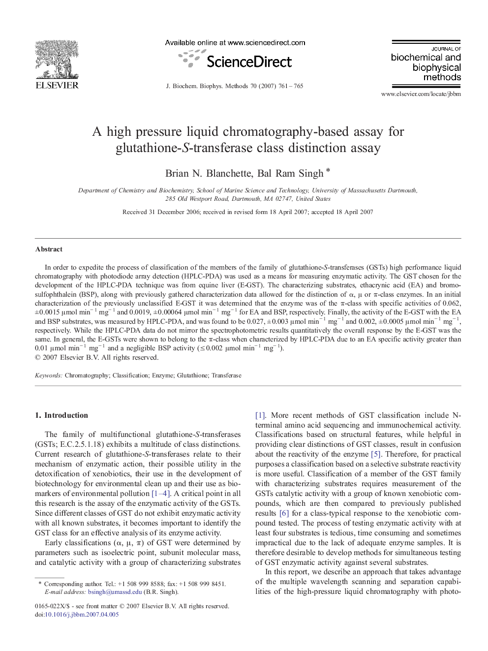 A high pressure liquid chromatography-based assay for glutathione-S-transferase class distinction assay