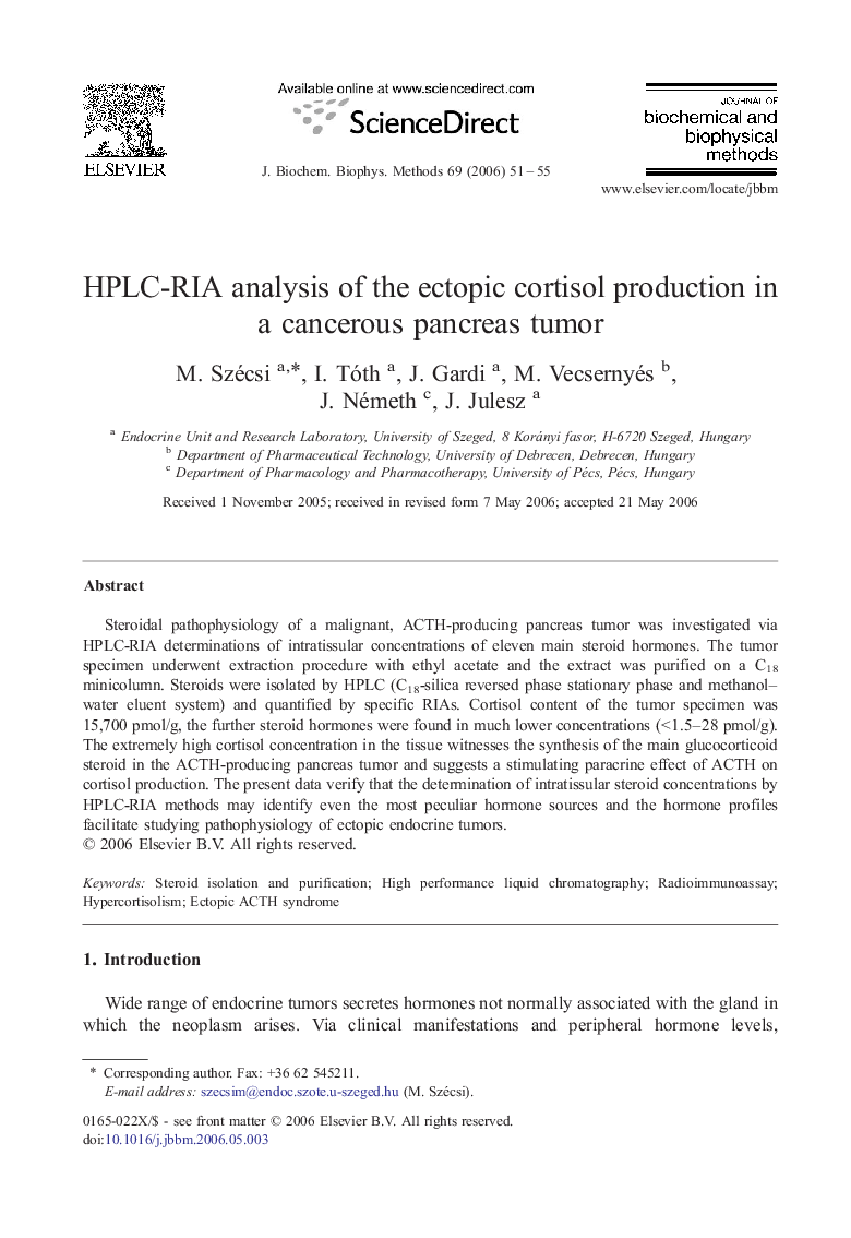 HPLC-RIA analysis of the ectopic cortisol production in a cancerous pancreas tumor