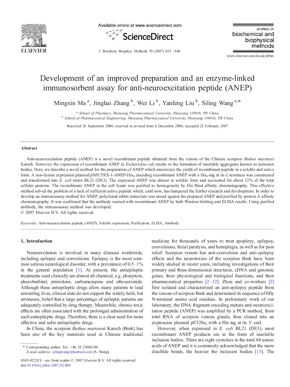 Development of an improved preparation and an enzyme-linked immunosorbent assay for anti-neuroexcitation peptide (ANEP)