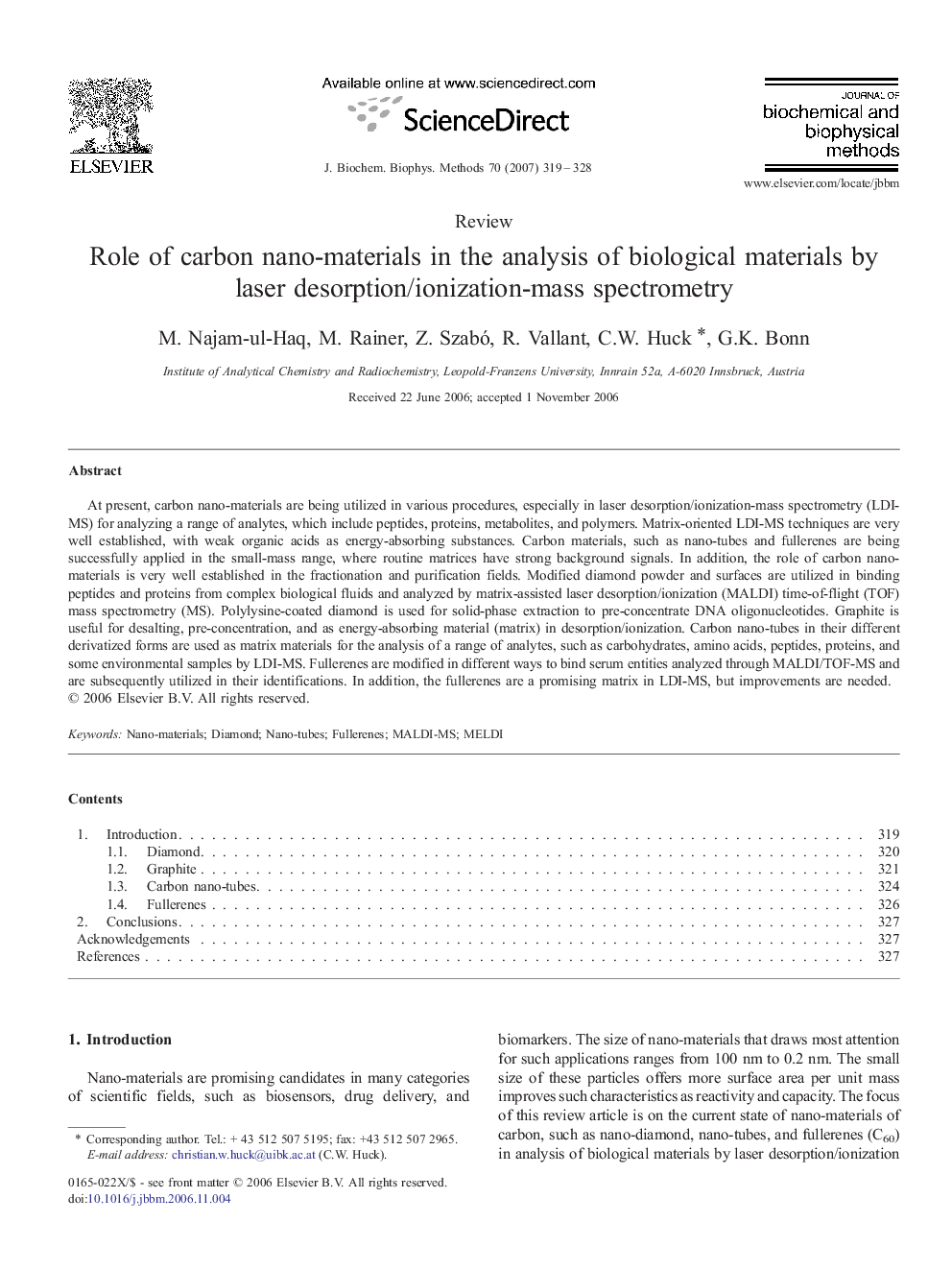 Role of carbon nano-materials in the analysis of biological materials by laser desorption/ionization-mass spectrometry