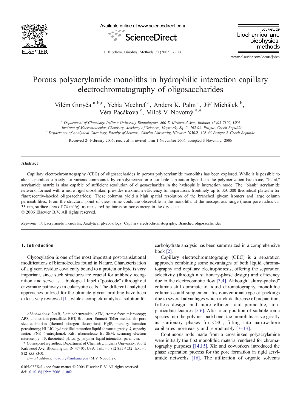 Porous polyacrylamide monoliths in hydrophilic interaction capillary electrochromatography of oligosaccharides