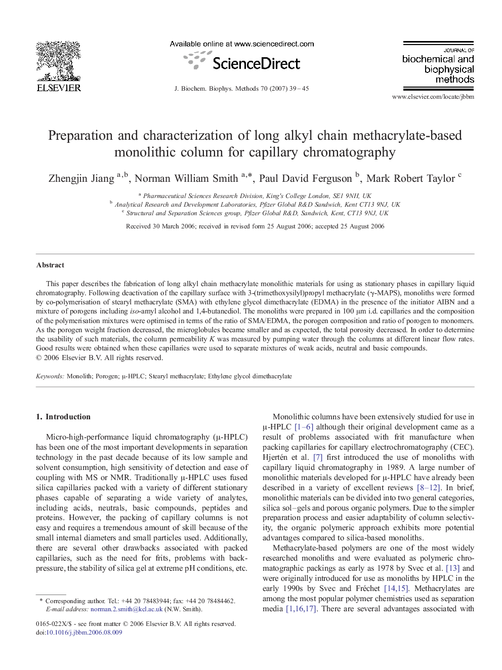 Preparation and characterization of long alkyl chain methacrylate-based monolithic column for capillary chromatography