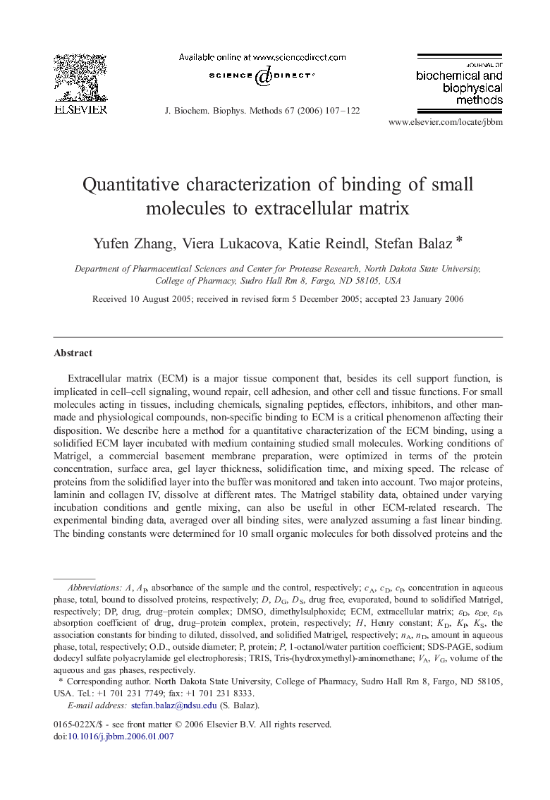 Quantitative characterization of binding of small molecules to extracellular matrix