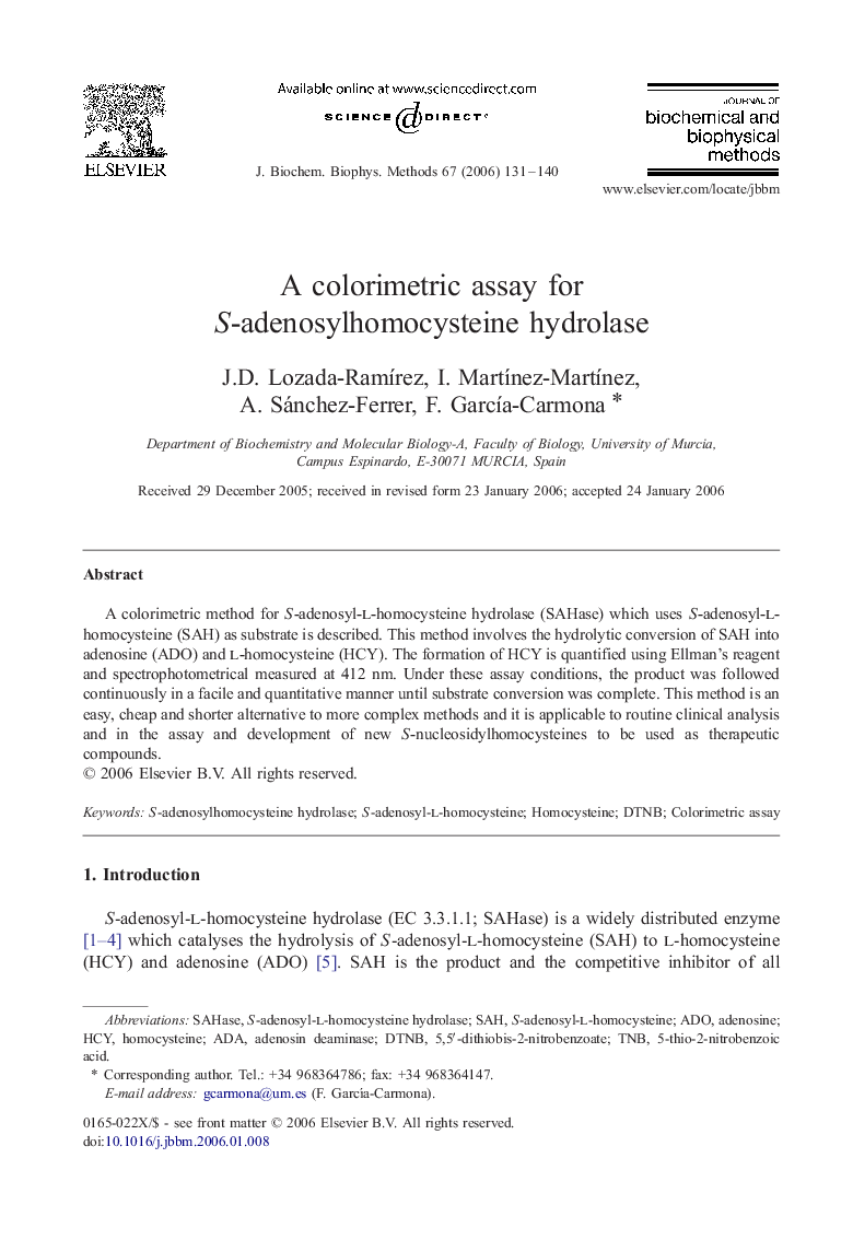 A colorimetric assay for S-adenosylhomocysteine hydrolase