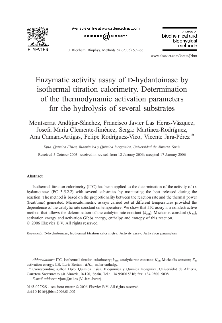 Enzymatic activity assay of d-hydantoinase by isothermal titration calorimetry. Determination of the thermodynamic activation parameters for the hydrolysis of several substrates