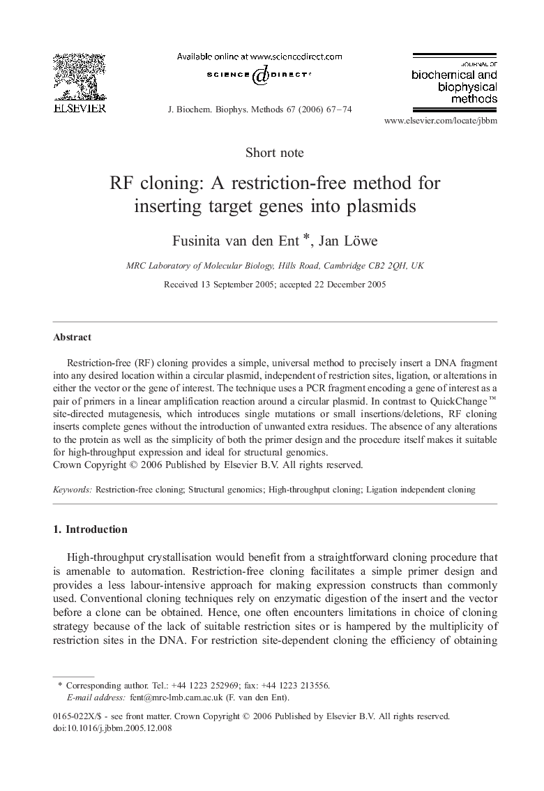 RF cloning: A restriction-free method for inserting target genes into plasmids