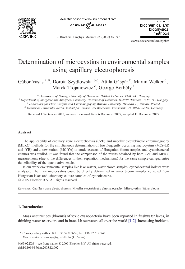 Determination of microcystins in environmental samples using capillary electrophoresis
