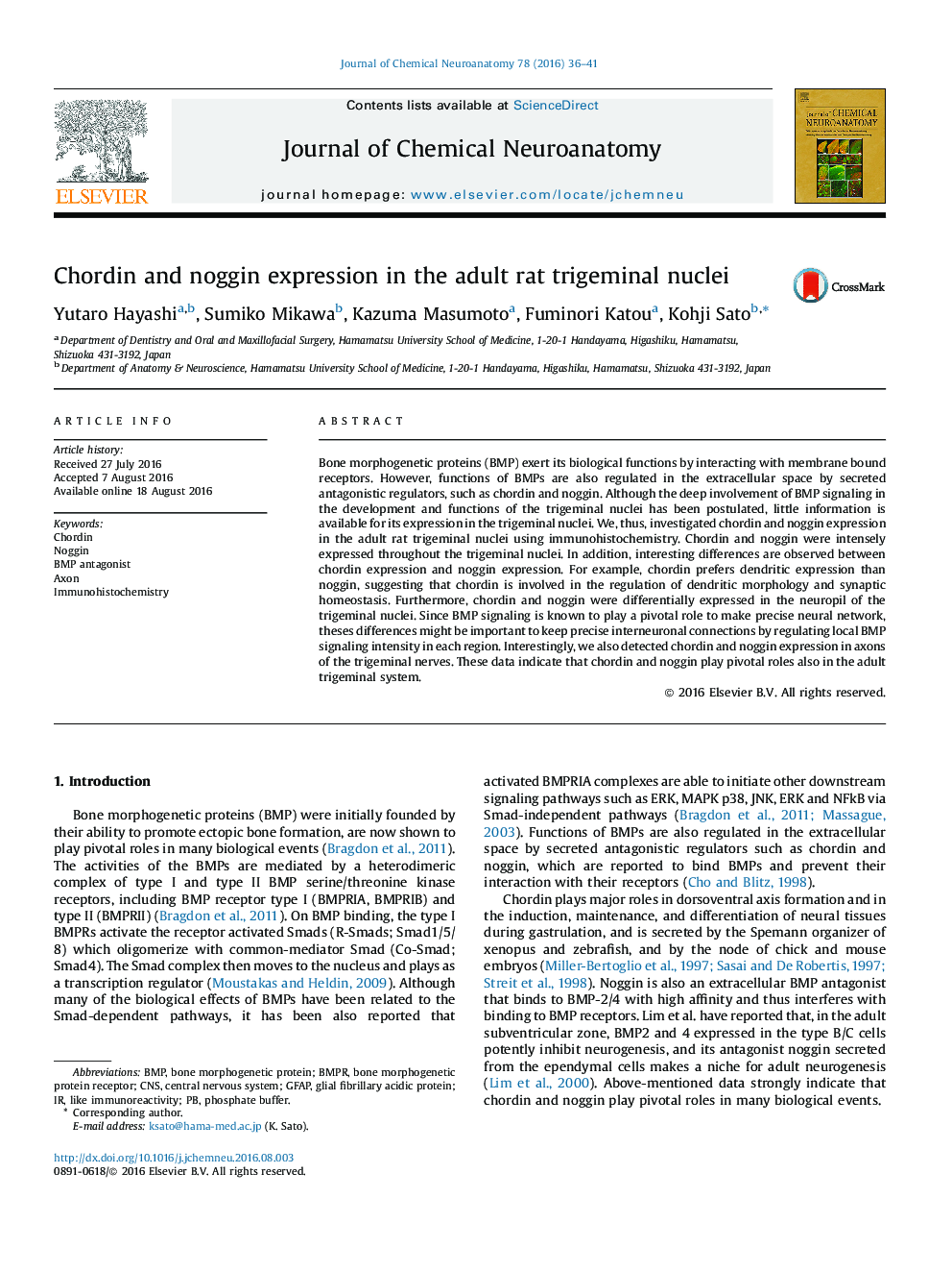 Chordin and noggin expression in the adult rat trigeminal nuclei