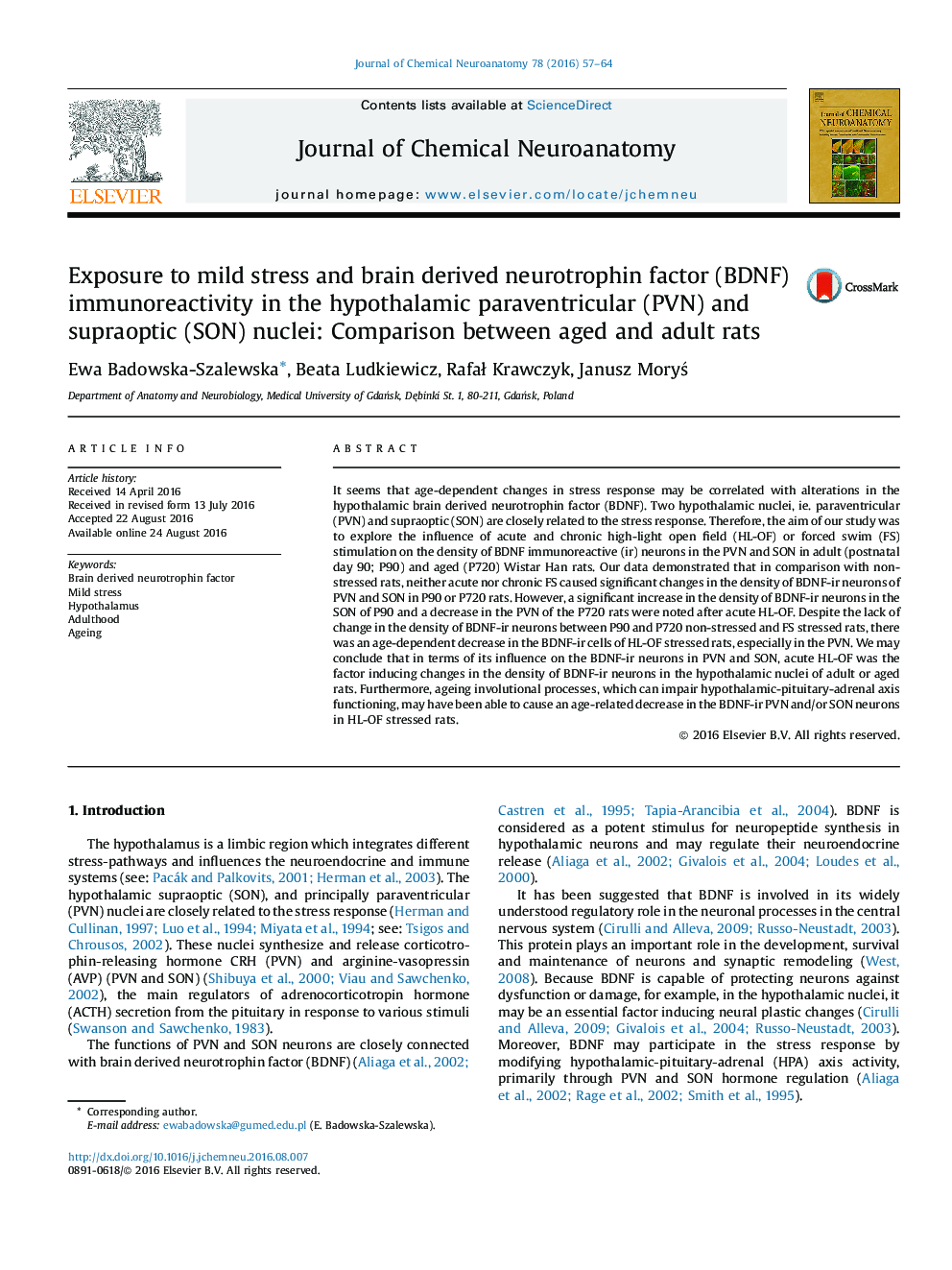 Exposure to mild stress and brain derived neurotrophin factor (BDNF) immunoreactivity in the hypothalamic paraventricular (PVN) and supraoptic (SON) nuclei: Comparison between aged and adult rats