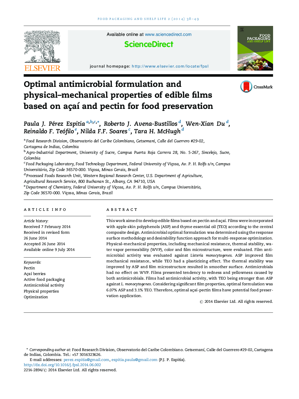 Optimal antimicrobial formulation and physical–mechanical properties of edible films based on açaí and pectin for food preservation