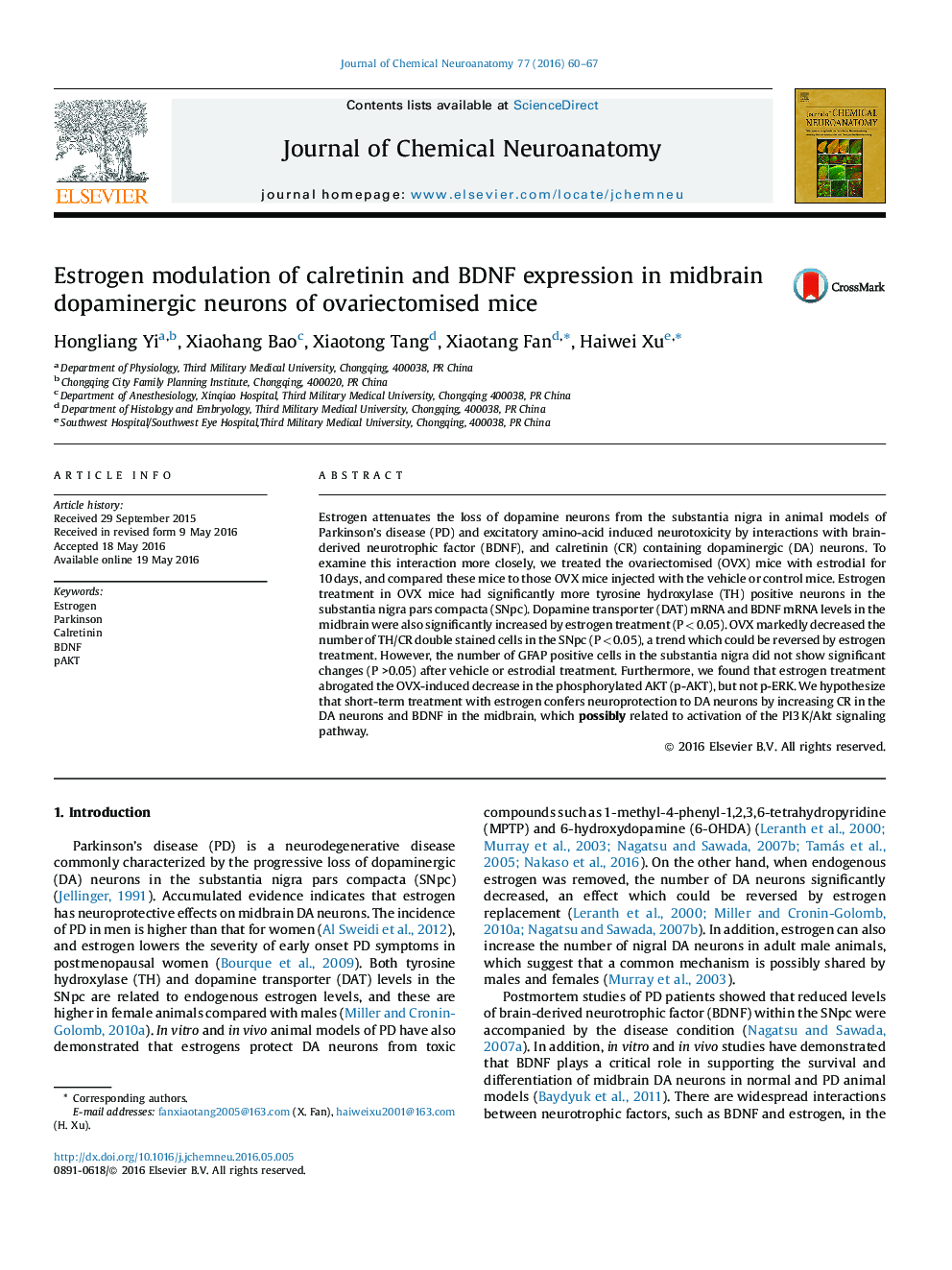 Estrogen modulation of calretinin and BDNF expression in midbrain dopaminergic neurons of ovariectomised mice