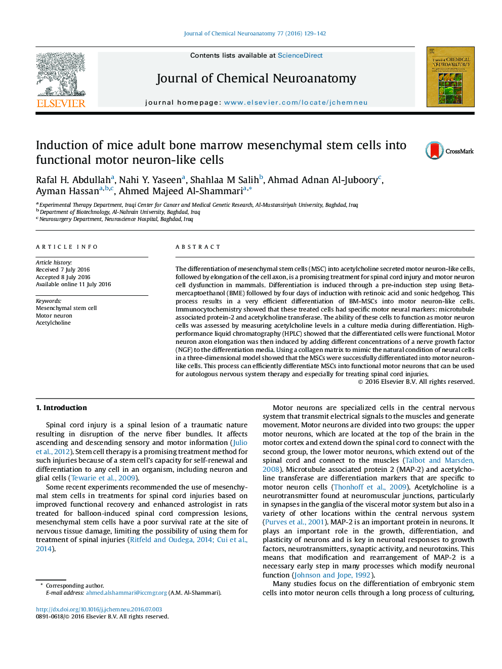 Induction of mice adult bone marrow mesenchymal stem cells into functional motor neuron-like cells