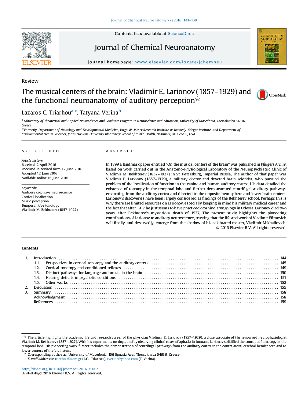 The musical centers of the brain: Vladimir E. Larionov (1857–1929) and the functional neuroanatomy of auditory perception 