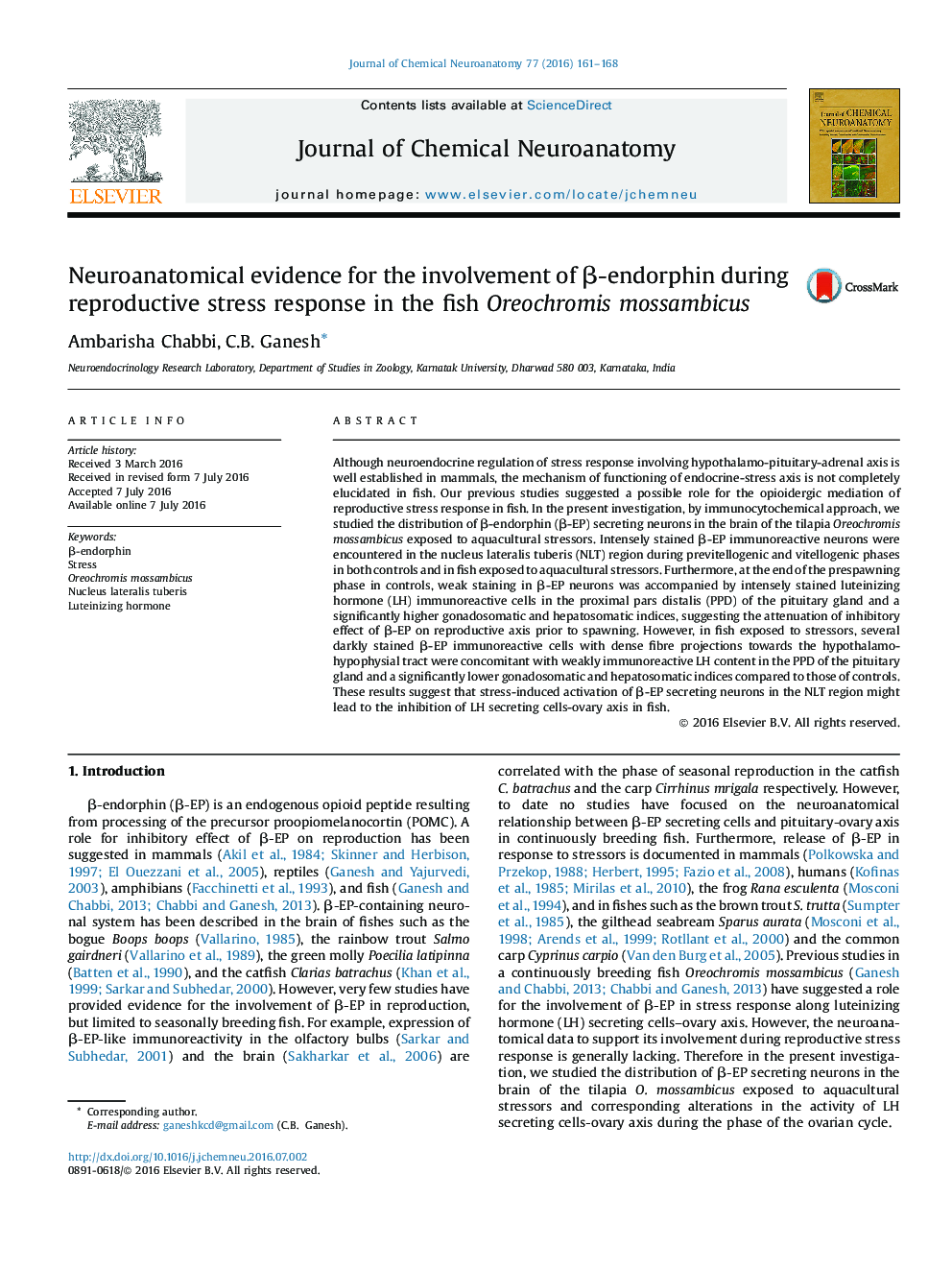 Neuroanatomical evidence for the involvement of β-endorphin during reproductive stress response in the fish Oreochromis mossambicus