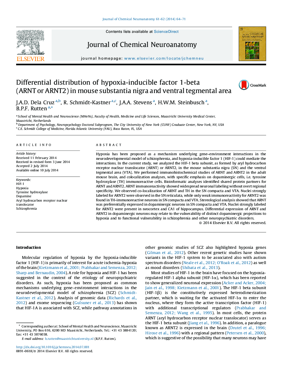 Differential distribution of hypoxia-inducible factor 1-beta (ARNT or ARNT2) in mouse substantia nigra and ventral tegmental area