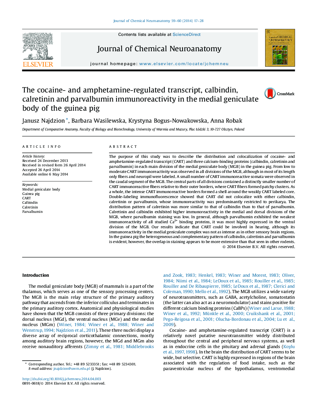 The cocaine- and amphetamine-regulated transcript, calbindin, calretinin and parvalbumin immunoreactivity in the medial geniculate body of the guinea pig