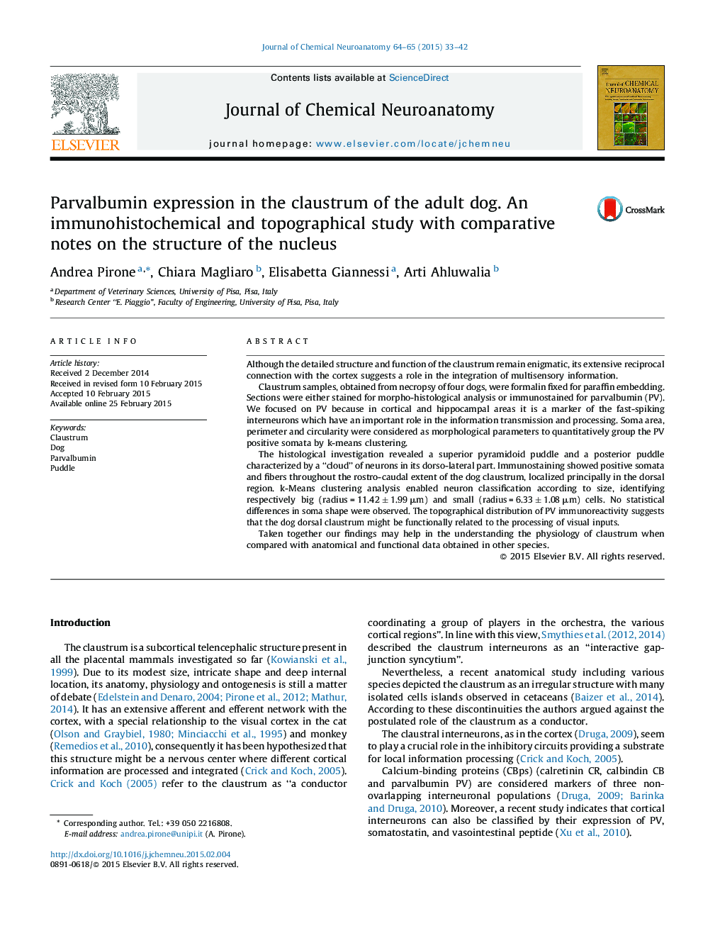 Parvalbumin expression in the claustrum of the adult dog. An immunohistochemical and topographical study with comparative notes on the structure of the nucleus