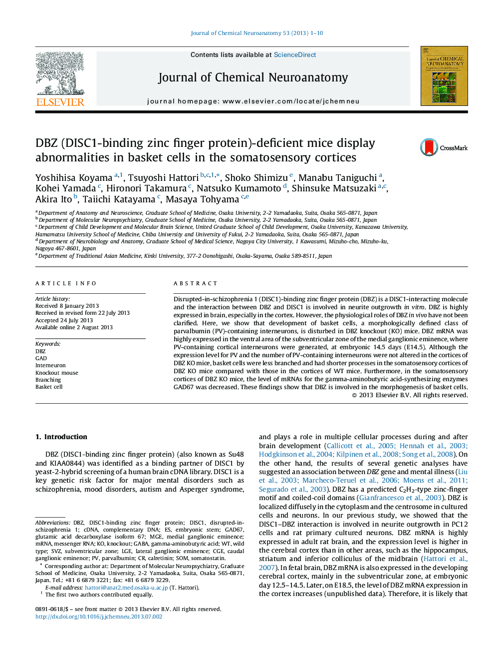 DBZ (DISC1-binding zinc finger protein)-deficient mice display abnormalities in basket cells in the somatosensory cortices