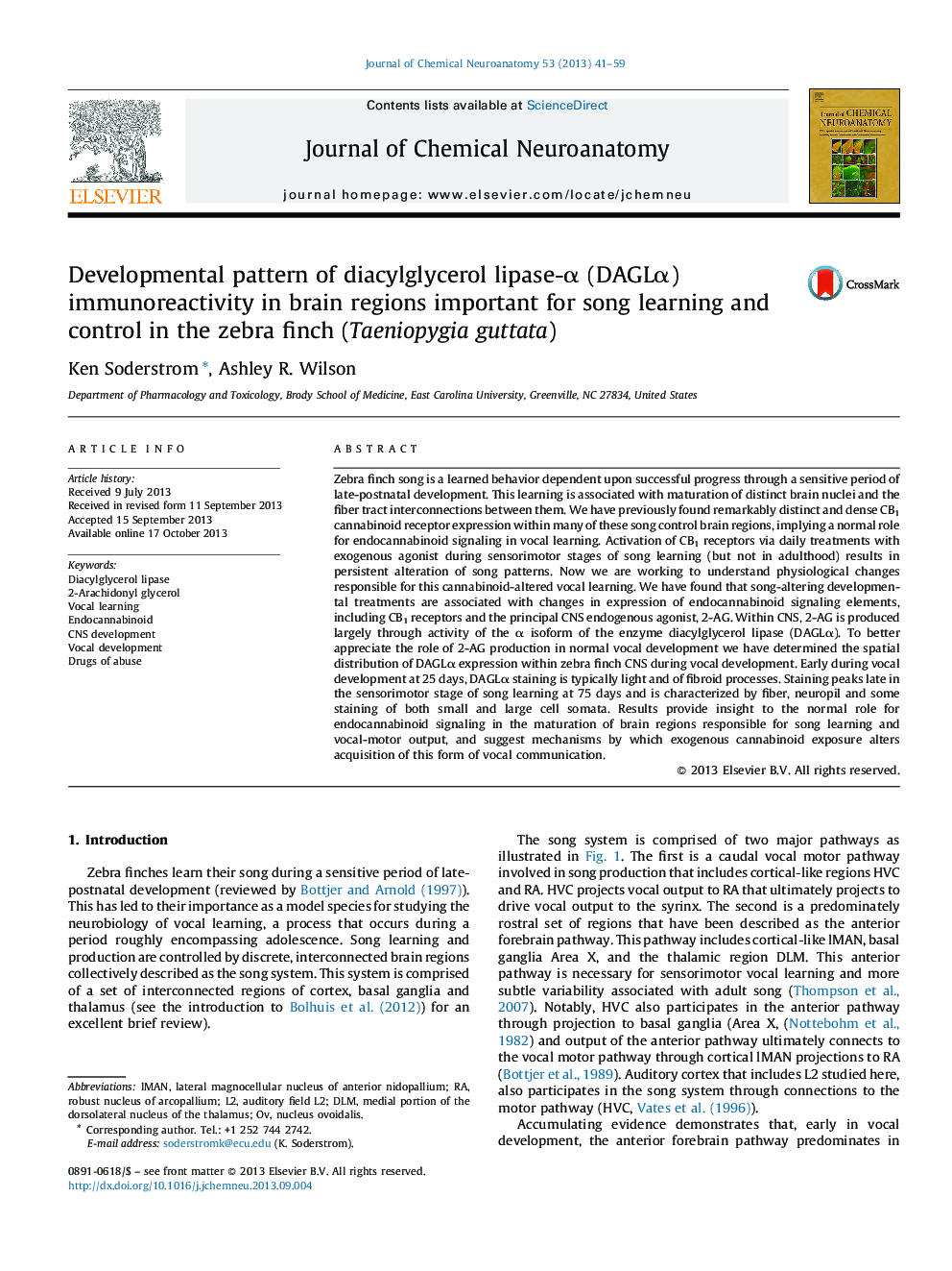 Developmental pattern of diacylglycerol lipase-Î± (DAGLÎ±) immunoreactivity in brain regions important for song learning and control in the zebra finch (Taeniopygia guttata)