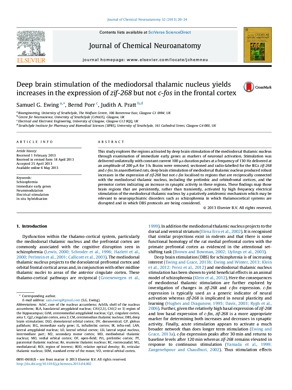 Deep brain stimulation of the mediodorsal thalamic nucleus yields increases in the expression of zif-268 but not c-fos in the frontal cortex