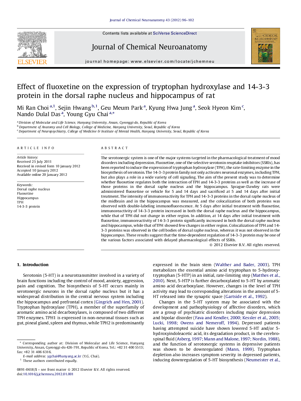 Effect of fluoxetine on the expression of tryptophan hydroxylase and 14-3-3 protein in the dorsal raphe nucleus and hippocampus of rat