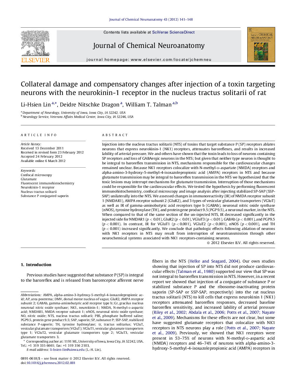 Collateral damage and compensatory changes after injection of a toxin targeting neurons with the neurokinin-1 receptor in the nucleus tractus solitarii of rat