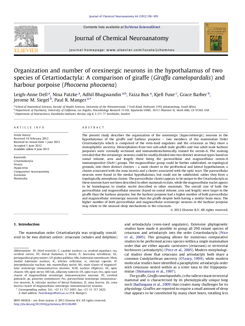 Organization and number of orexinergic neurons in the hypothalamus of two species of Cetartiodactyla: A comparison of giraffe (Giraffa camelopardalis) and harbour porpoise (Phocoena phocoena)