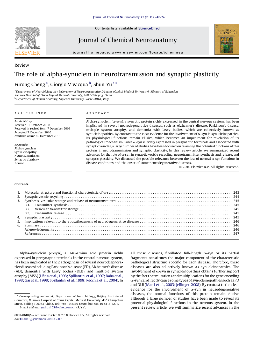 The role of alpha-synuclein in neurotransmission and synaptic plasticity