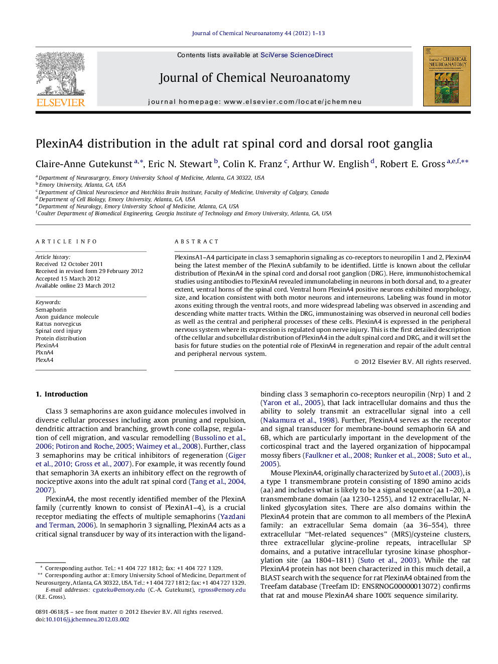 PlexinA4 distribution in the adult rat spinal cord and dorsal root ganglia