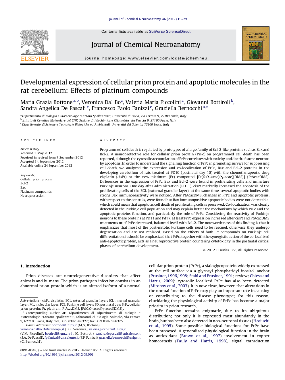 Developmental expression of cellular prion protein and apoptotic molecules in the rat cerebellum: Effects of platinum compounds